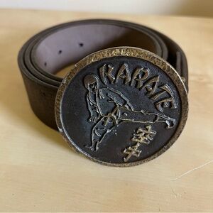 Vera Pelle Italian Leather Brown Belt with Vintage Bronze Buckle Karate emblem